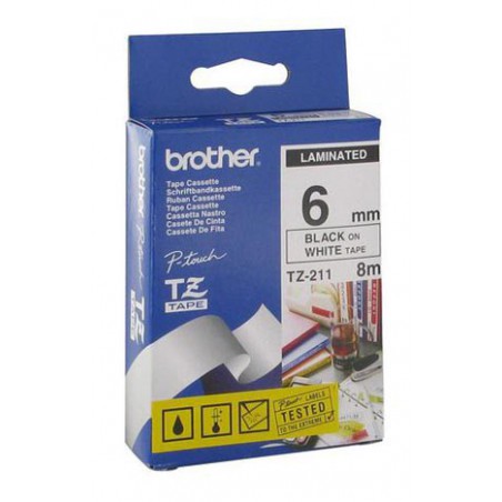 CINTA BROTHER ORIG.TZ211/E BLANCO/NEGRO 6MM