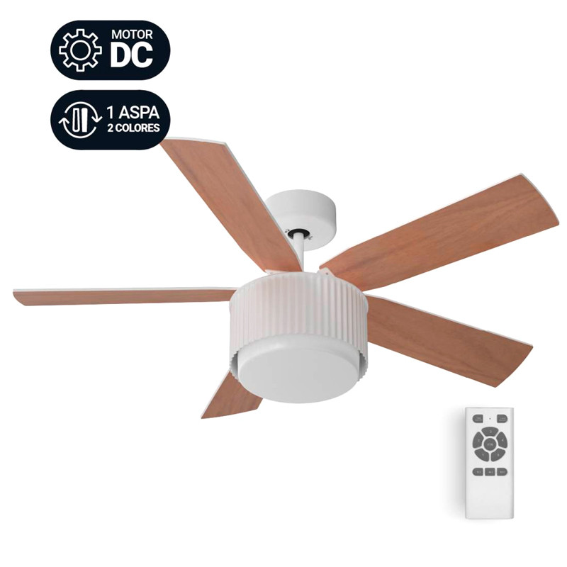 VENTILADOR TECHO BASE BLANCA 5 ASPAS EN MADERA 107 CM. 35W