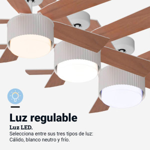 VENTILADOR TECHO BASE BLANCA 5 ASPAS EN MADERA 107 CM. 35W