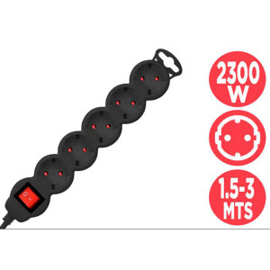 REGLETA 5 TOMAS SHUKO + INTERRUPUPTOR 2300W 3M NEGRA